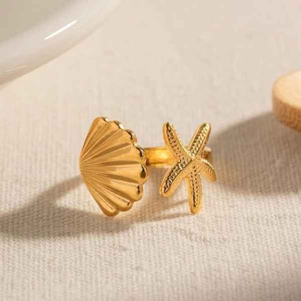 Gold Starfish Ring - Shimmering Seashell Adjustable Beach Promise Ring