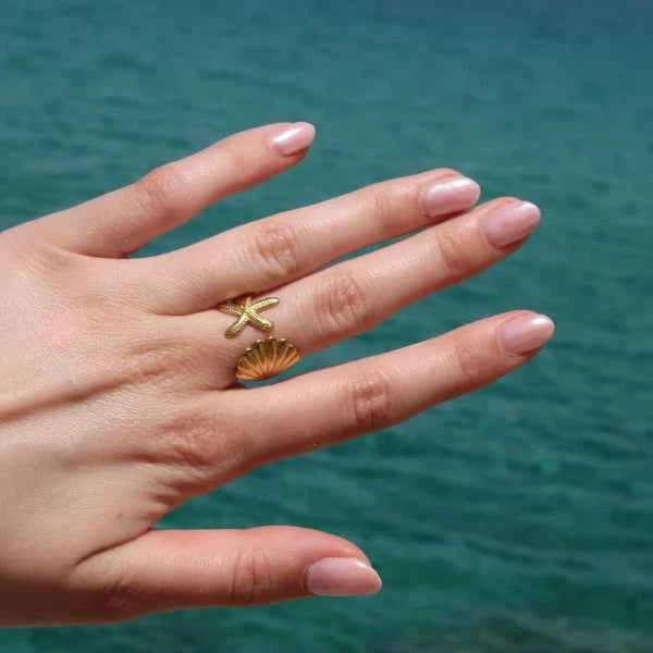 Gold Starfish Ring - Shimmering Seashell Adjustable Beach Promise Ring