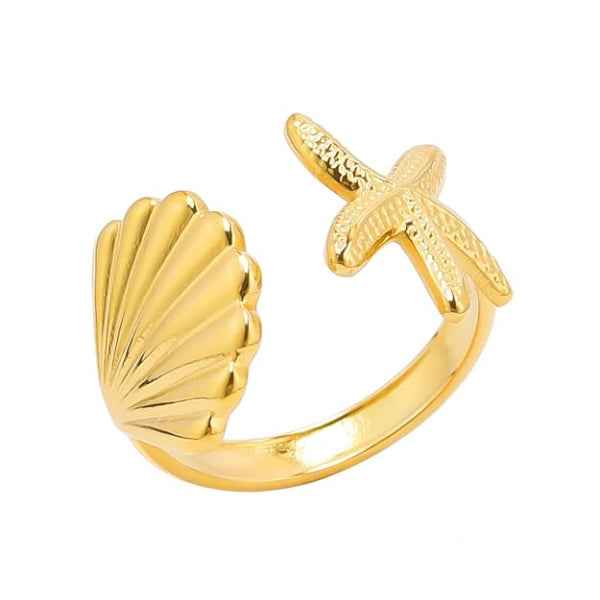Gold Starfish Ring - Shimmering Seashell Adjustable Beach Promise Ring