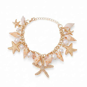 Radiant Gold Starfish & Shell Charm Bracelet | Pearl Ocean Jewelry
