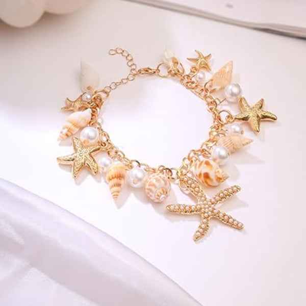 Radiant Gold Starfish & Shell Charm Bracelet | Pearl Ocean Jewelry