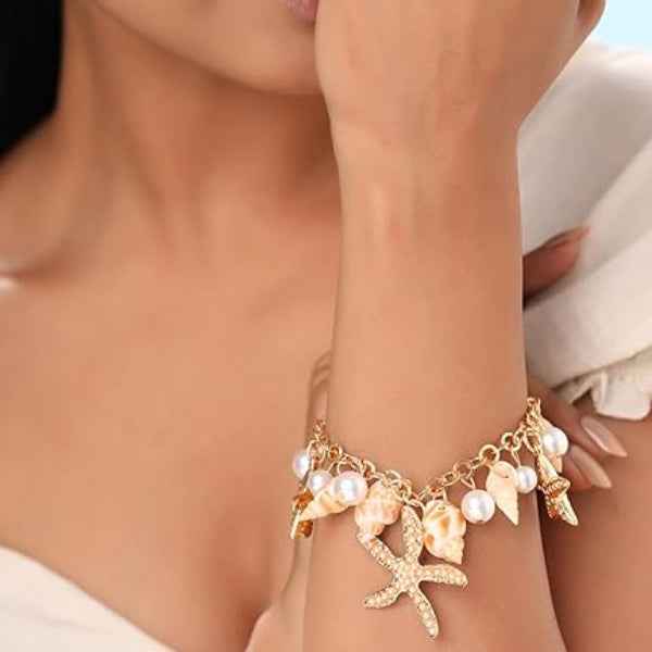 Radiant Gold Starfish & Shell Charm Bracelet | Pearl Ocean Jewelry