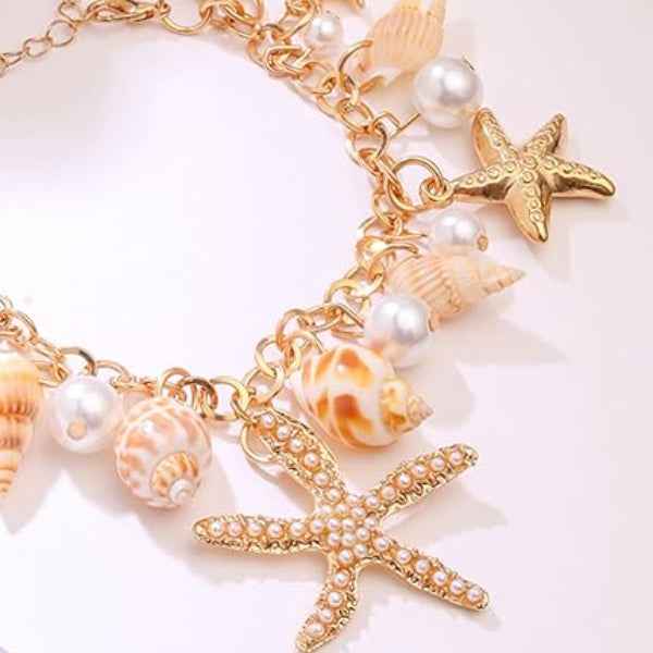 Radiant Gold Starfish & Shell Charm Bracelet | Pearl Ocean Jewelry