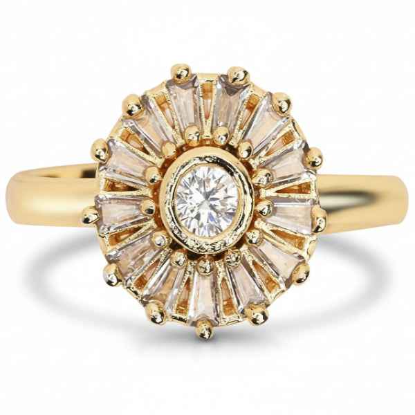 Gold Sunflower Ring: Baguette Crystal Band Adjustable Statement Ring