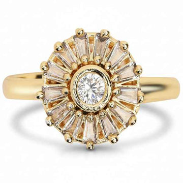 Gold Sunflower Ring: Baguette Crystal Band Adjustable Statement Ring