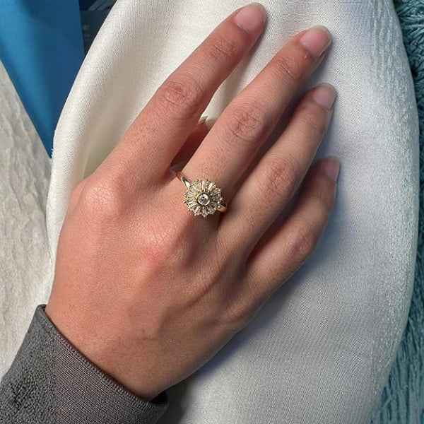 Gold Sunflower Ring: Baguette Crystal Band Adjustable Statement Ring