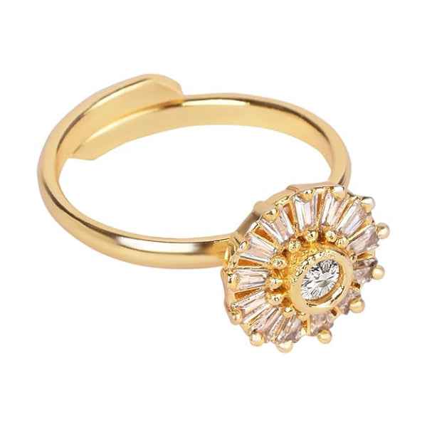 Gold Sunflower Ring: Baguette Crystal Band Adjustable Statement Ring
