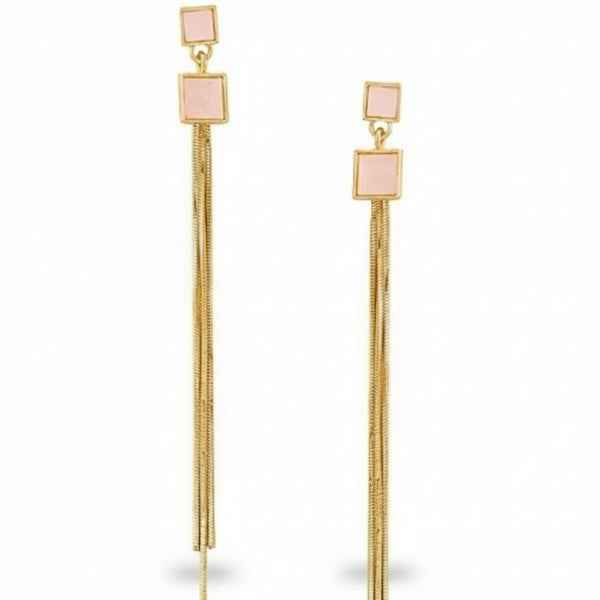 Elegant Gold Tassel Drop Earrings | Chic Pink Square Jewelry