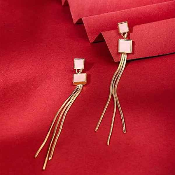 Elegant Gold Tassel Drop Earrings | Chic Pink Square Jewelry