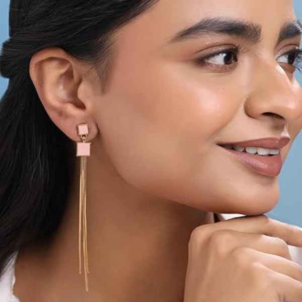 Elegant Gold Tassel Drop Earrings | Chic Pink Square Jewelry