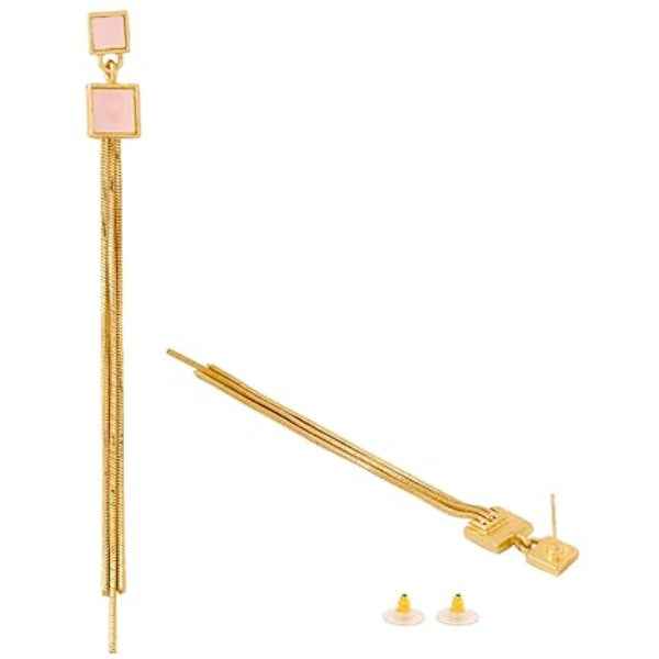 Elegant Gold Tassel Drop Earrings | Chic Pink Square Jewelry
