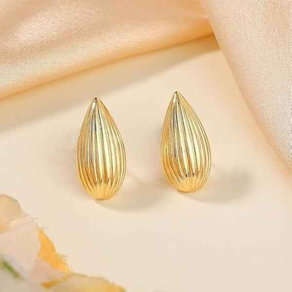 Chic Gold Teardrop Stud Earrings | Ribbed Statement Jewelry