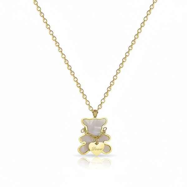 Gold Teddy Necklace - White Shell Bear Heart Pendant Jewelry for Women