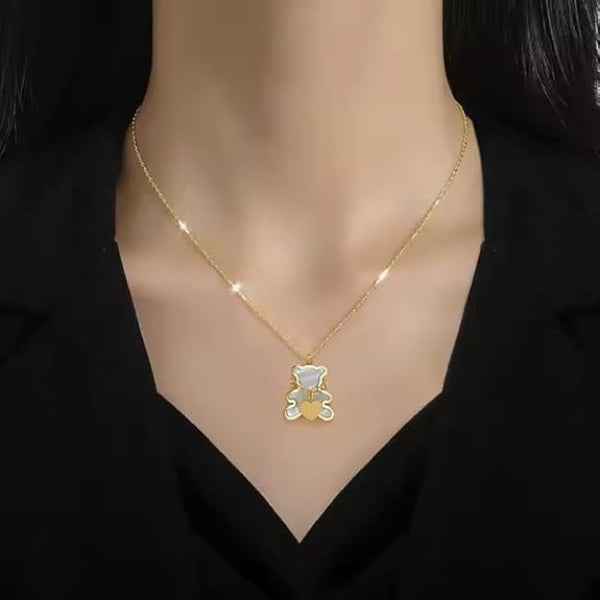 Gold Teddy Necklace - White Shell Bear Heart Pendant Jewelry for Women