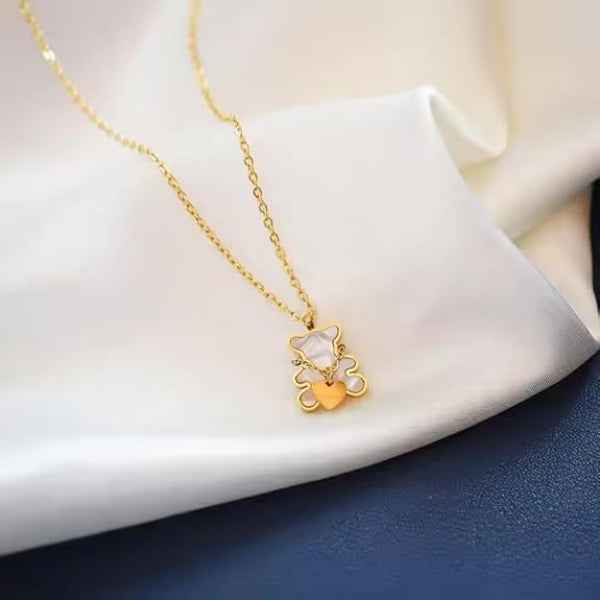 Gold Teddy Necklace - White Shell Bear Heart Pendant Jewelry for Women