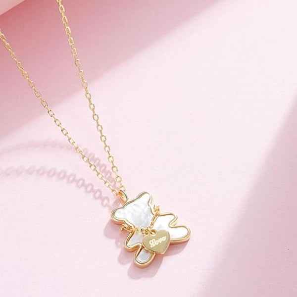 Gold Teddy Necklace - White Shell Bear Heart Pendant Jewelry for Women