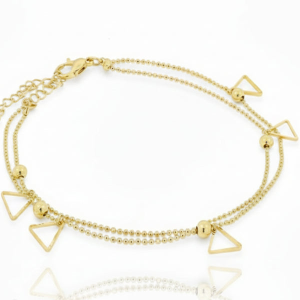 Gold Triangle Anklet - Shimmering Bead Charm Layered Foot Jewelry