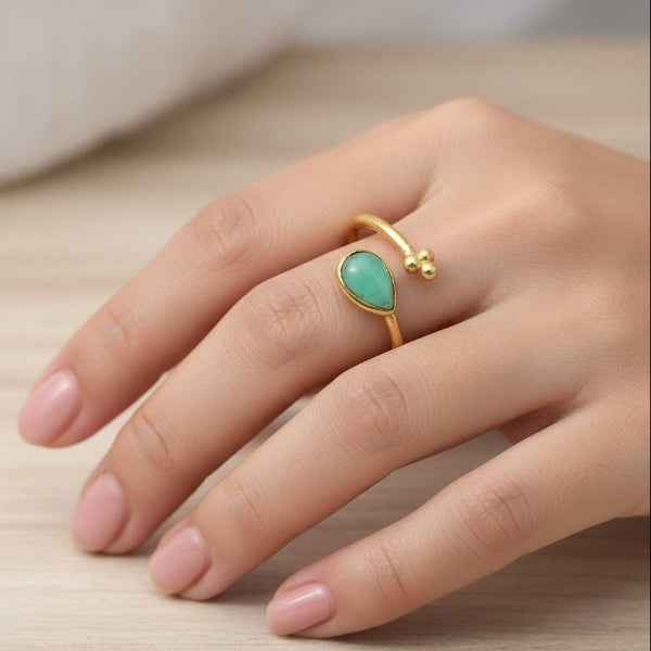 Gold Turquoise Ring - Shimmering Boho Pear Cut Adjustable Band Ring