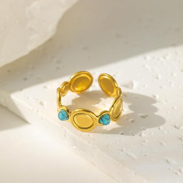 Gold Plated Turquoise Ring - Shimmering Gemstone Band Adjustable Promise Ring