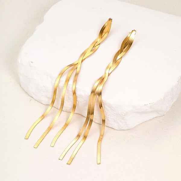 Gold Twisted Dangles | 14k Gold Long Drop Earrings | Spiral Dangle Studs