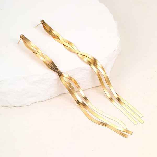 Gold Twisted Dangles | 14k Gold Long Drop Earrings | Spiral Dangle Studs