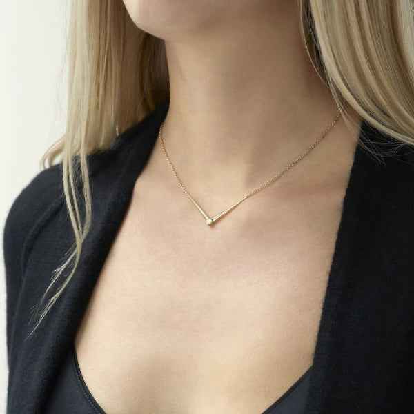 Dainty Gold V-Bar Necklace with Diamond Accent - Minimalist Jewelry