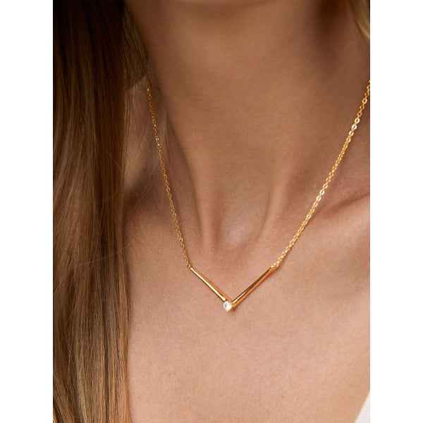 Dainty Gold V-Bar Necklace with Diamond Accent - Minimalist Jewelry