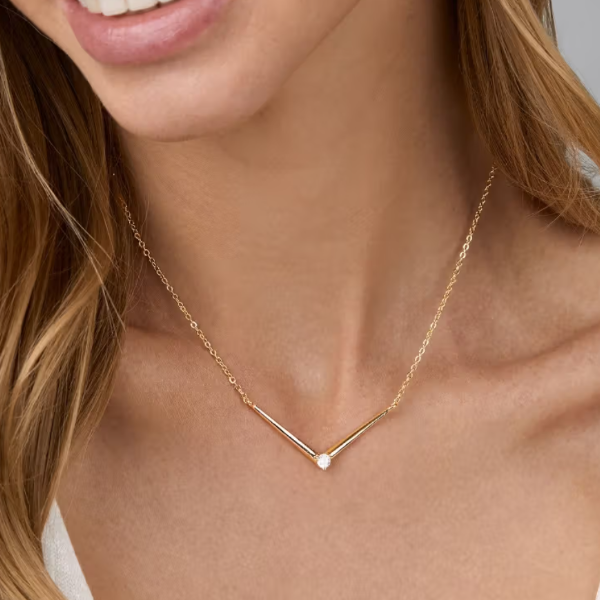 Dainty Gold V Necklace – Minimalist Bar Pendant with Zirconia