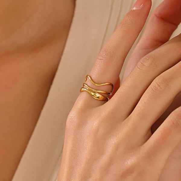 Gold Wave Ring: Multi Layer Band Wide Minimalist Adjustable Jewelry