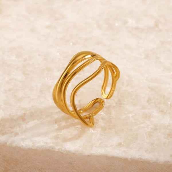 Gold Wave Ring: Multi Layer Band Wide Minimalist Adjustable Jewelry