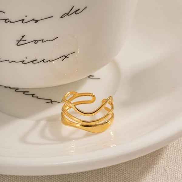 Gold Wave Ring: Multi Layer Band Wide Minimalist Adjustable Jewelry