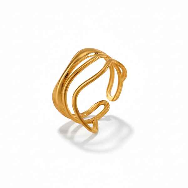 Gold Wave Sculptural Ring - Shimmering Fluid Open Wrap Statement Band