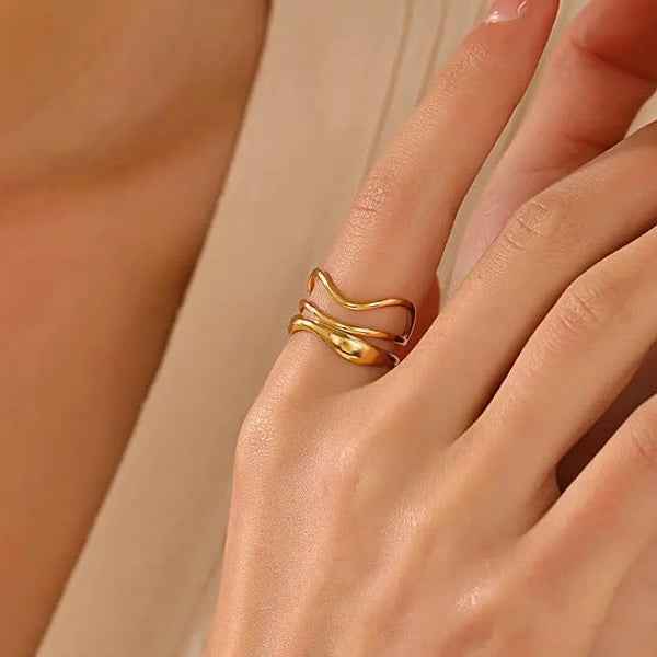 Gold Wave Sculptural Ring - Shimmering Fluid Open Wrap Statement Band