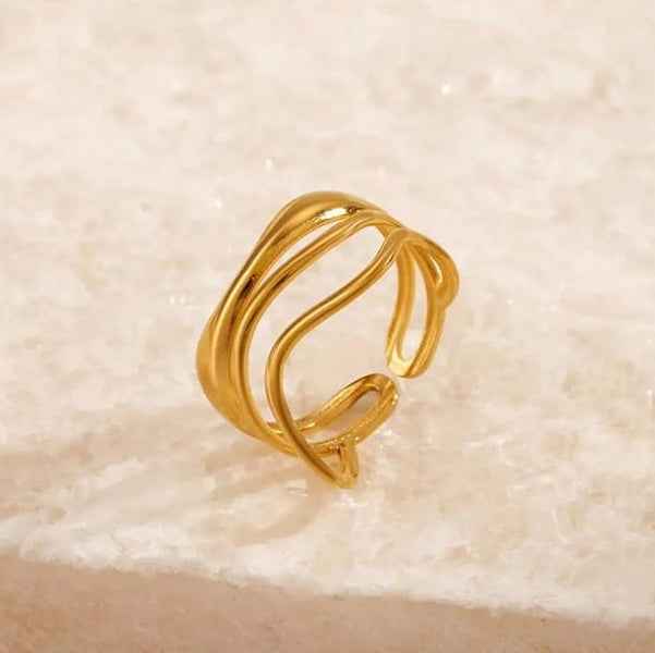 Gold Wave Sculptural Ring - Shimmering Fluid Open Wrap Statement Band