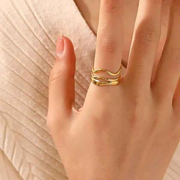 Gold Wave Sculptural Ring - Shimmering Fluid Open Wrap Statement Band