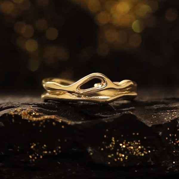 Gold Wavy Ring - Shimmering Organic Wrap Stylish Statement Band Ring