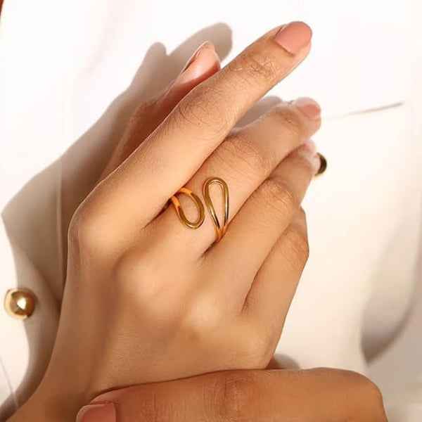 Gold Wavy Ring - Shimmering Open Wrap Stylish Statement Band Ring