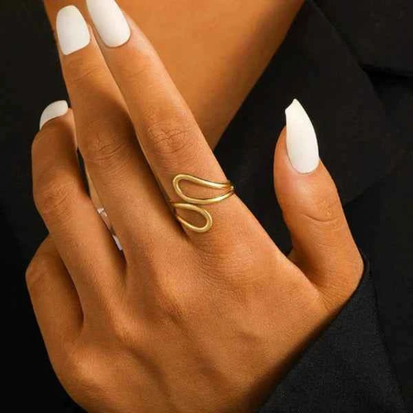 Gold Wavy Ring - Shimmering Open Wrap Stylish Statement Band Ring