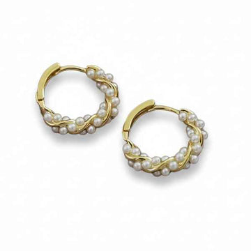 Gold Woven Pearls | Dainty Twisted Hoop Minimalist Small Huggies