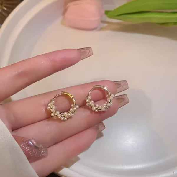 Gold Woven Pearls | Dainty Twisted Hoop Minimalist Small Huggies