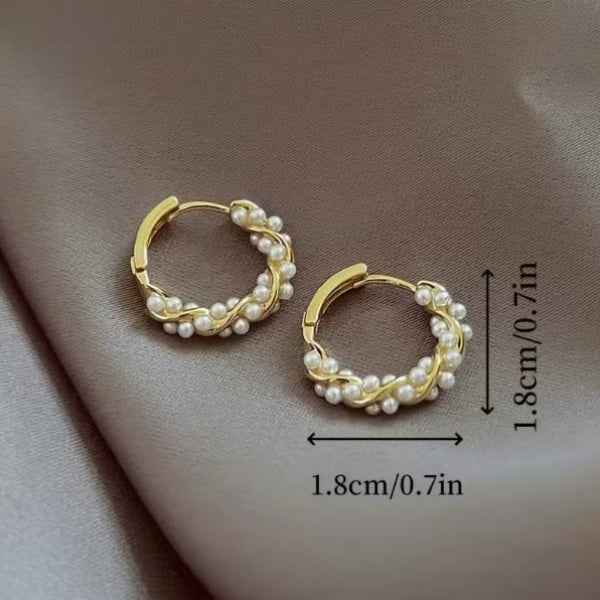 Gold Woven Pearls | Dainty Twisted Hoop Minimalist Small Huggies