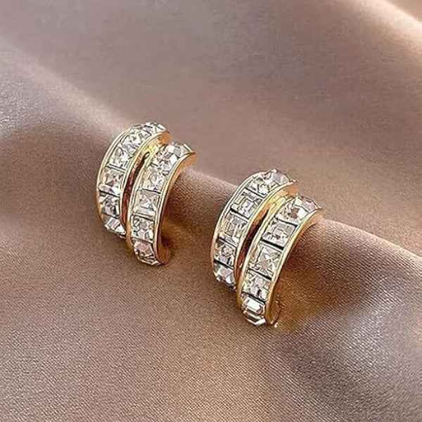 14k Gold Plated Double Huggie Earrings | Crystal Party Wear Jewelry