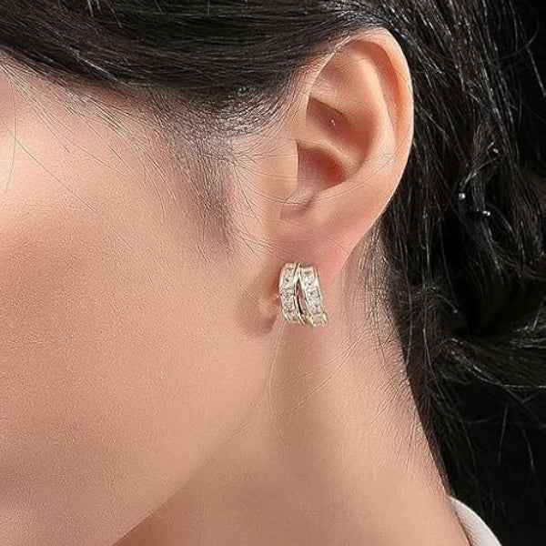 14k Gold Plated Double Huggie Earrings | Crystal Party Wear Jewelry