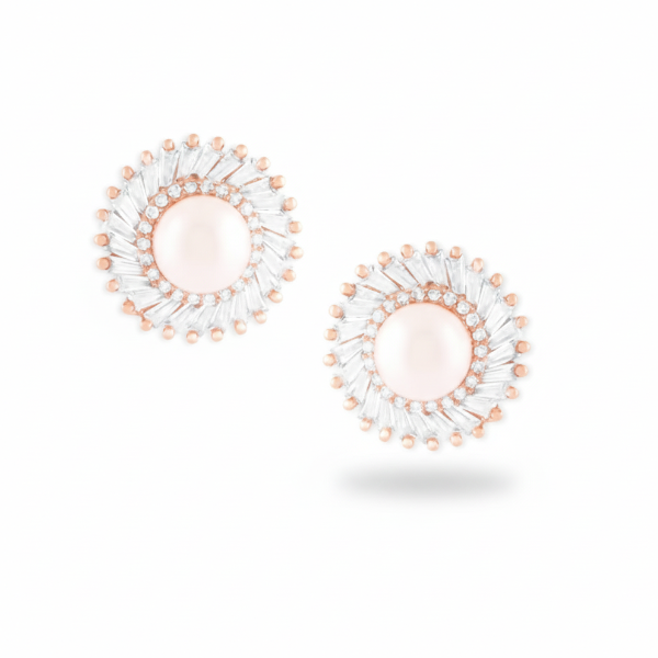 Rose Gold Tone Baguette Pearl Earrings – Dazzling Fashion Jewelry Studs
