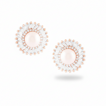 Rose Gold Tone Baguette Pearl Earrings – Dazzling Fashion Jewelry Studs