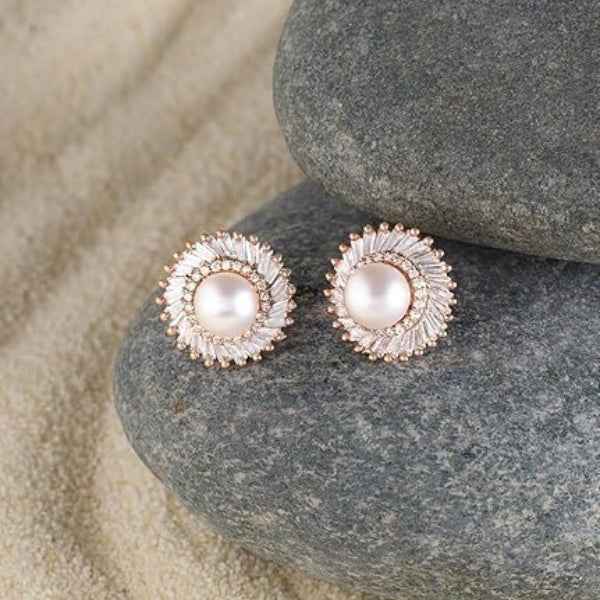 Gold Tone Baguette Pearl Stud Earrings | Dazzling Fashion Jewelry