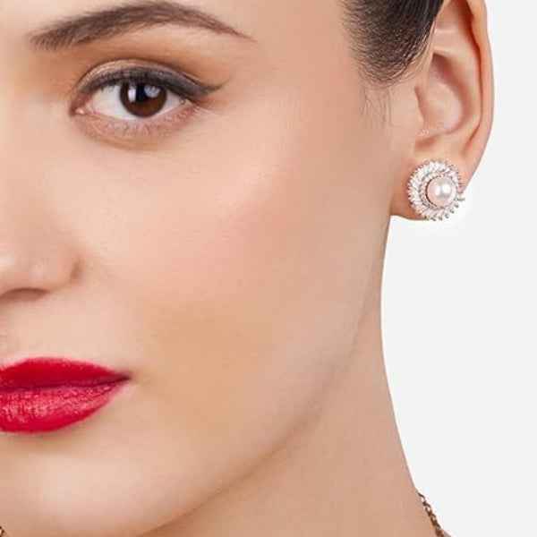 Gold Tone Baguette Pearl Stud Earrings | Dazzling Fashion Jewelry