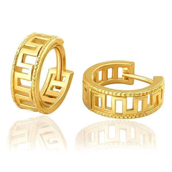 Greek Key Hoops | 14k Gold Huggie Earrings | Geometric Drop Jewelry