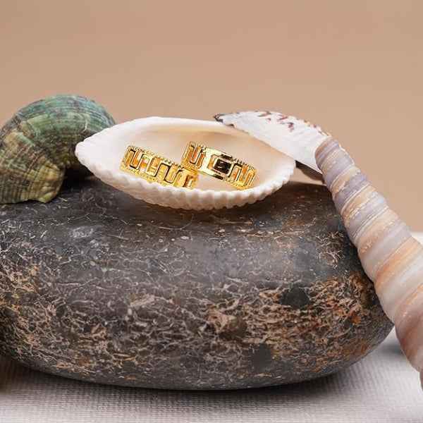 Greek Key Hoops | 14k Gold Huggie Earrings | Geometric Drop Jewelry