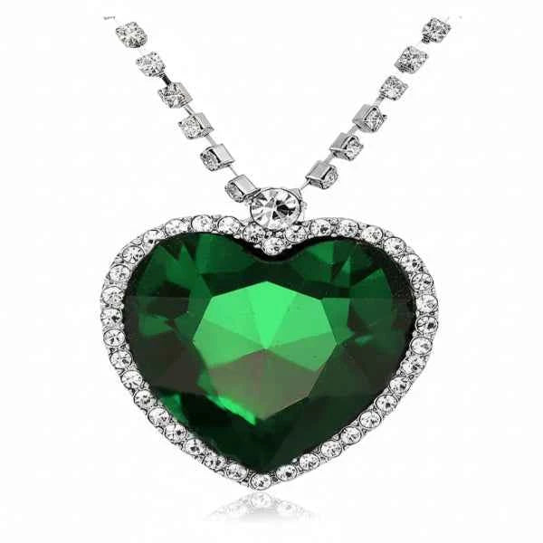 Green Crystal Heart Pendant Necklace | 14k Silver Plated Chain